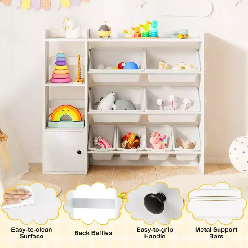 Kinderbücherregal mit Schrank und 8 Boxen, 112×30×100 cm – Grau/Weiß