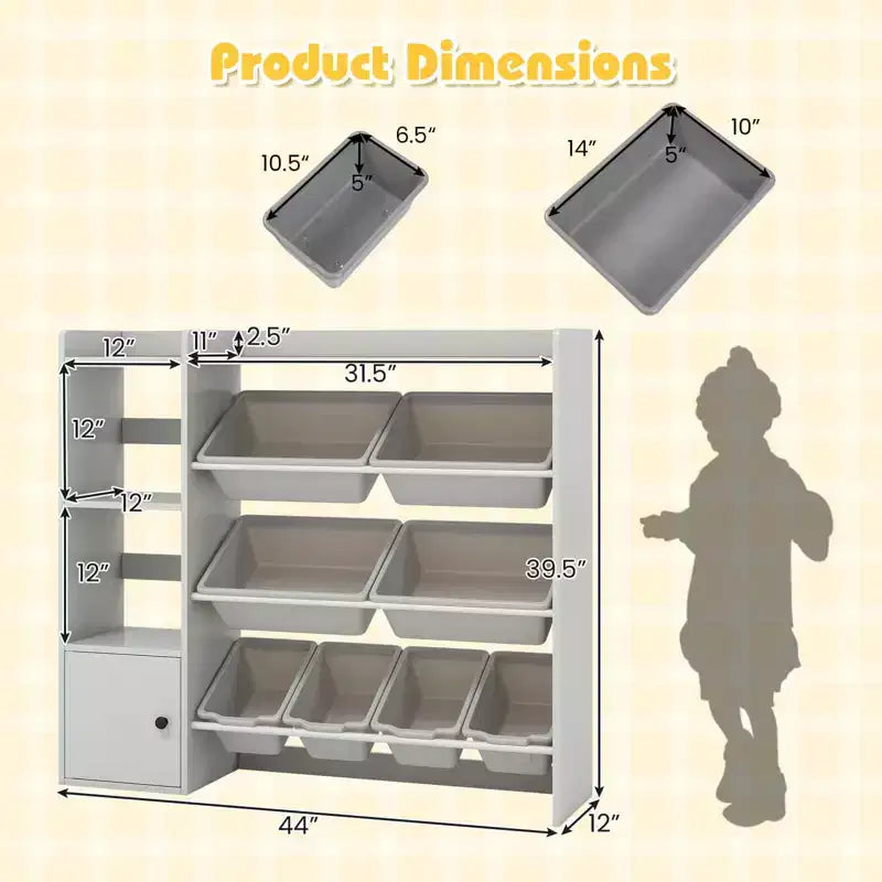 Kinderbücherregal mit Schrank und 8 Boxen, 112×30×100 cm – Grau/Weiß