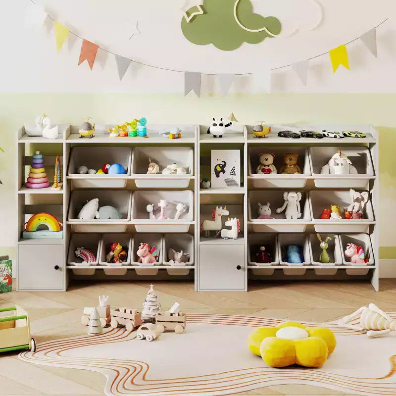 Kinderbücherregal mit Schrank und 8 Boxen, 112×30×100 cm – Grau/Weiß