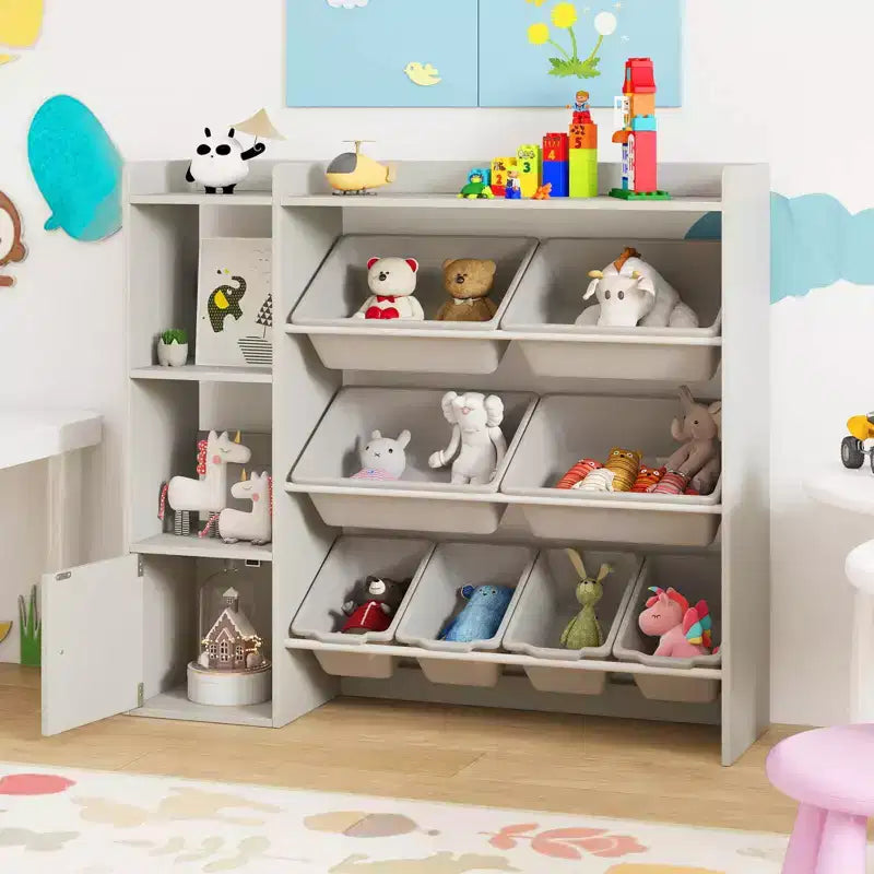 Kinderbücherregal mit Schrank und 8 Boxen, 112×30×100 cm – Grau/Weiß