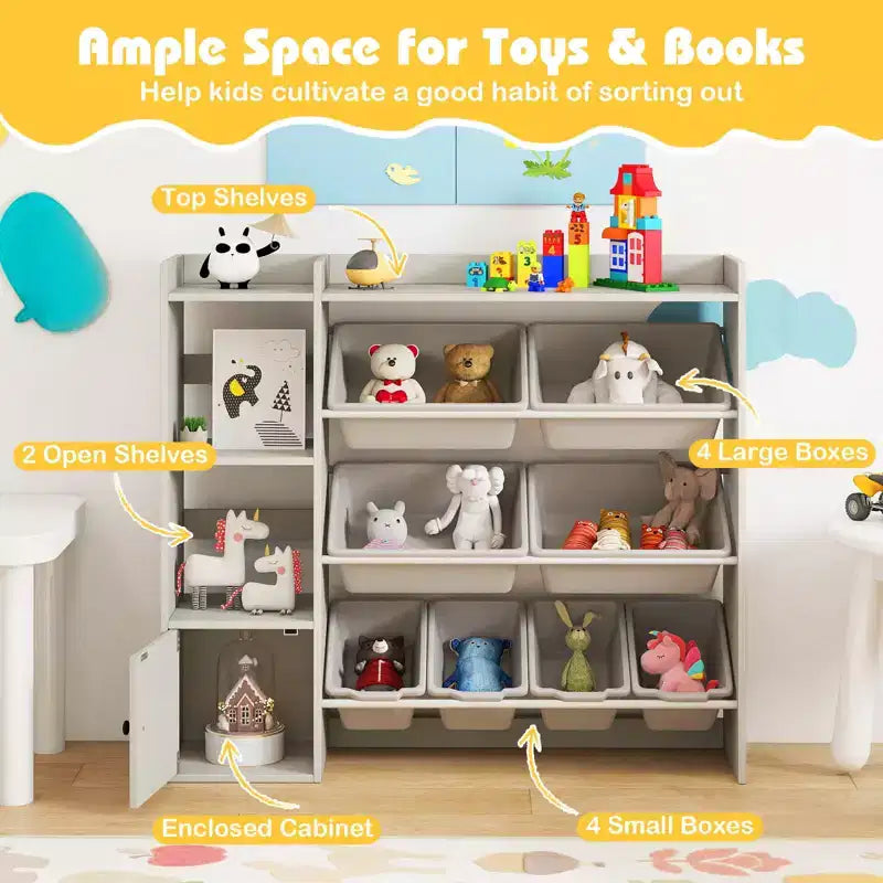 Kinderbücherregal mit Schrank und 8 Boxen, 112×30×100 cm – Grau/Weiß