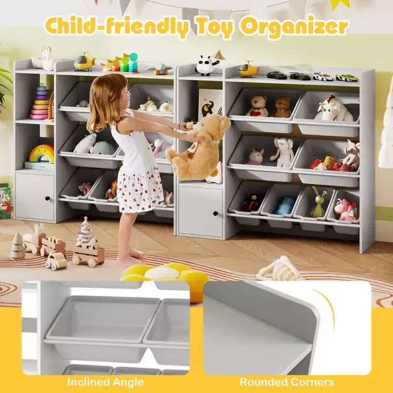 Kinderbücherregal mit Schrank und 8 Boxen, 112×30×100 cm – Grau/Weiß