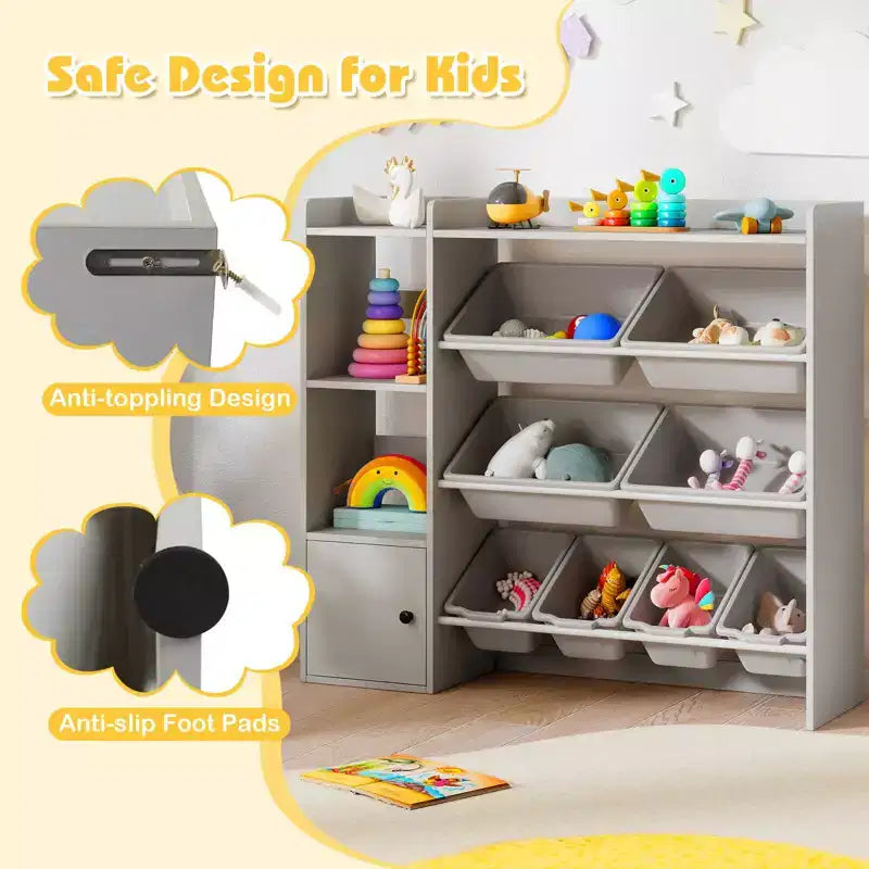 Kinderbücherregal mit Schrank und 8 Boxen, 112×30×100 cm – Grau/Weiß