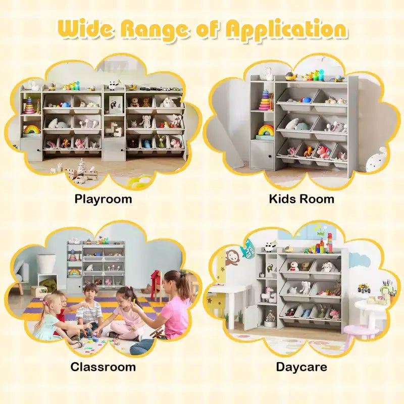 Kinderbücherregal mit Schrank und 8 Boxen, 112×30×100 cm – Grau/Weiß