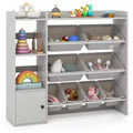 Costway Kids Toy Storage and Bookshelf, Wooden Bookcase with 4 Small Boxes & 4 Large Boxes Gray/White