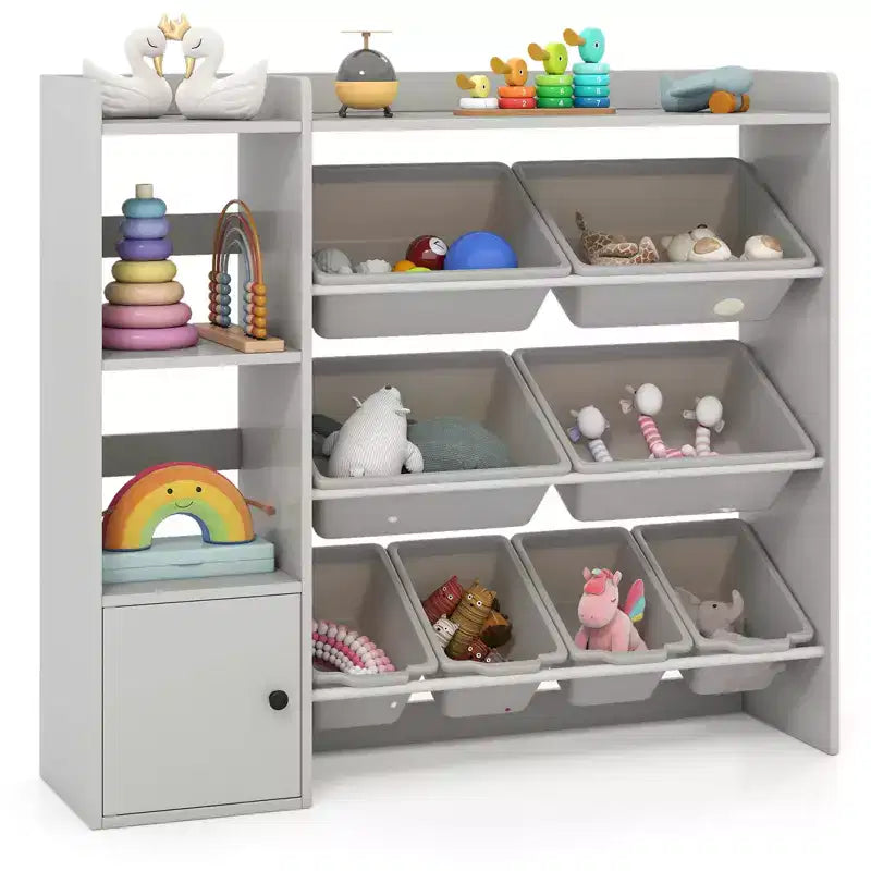 Costway Kids Toy Storage and Bookshelf, Wooden Bookcase with 4 Small Boxes & 4 Large Boxes Gray/White