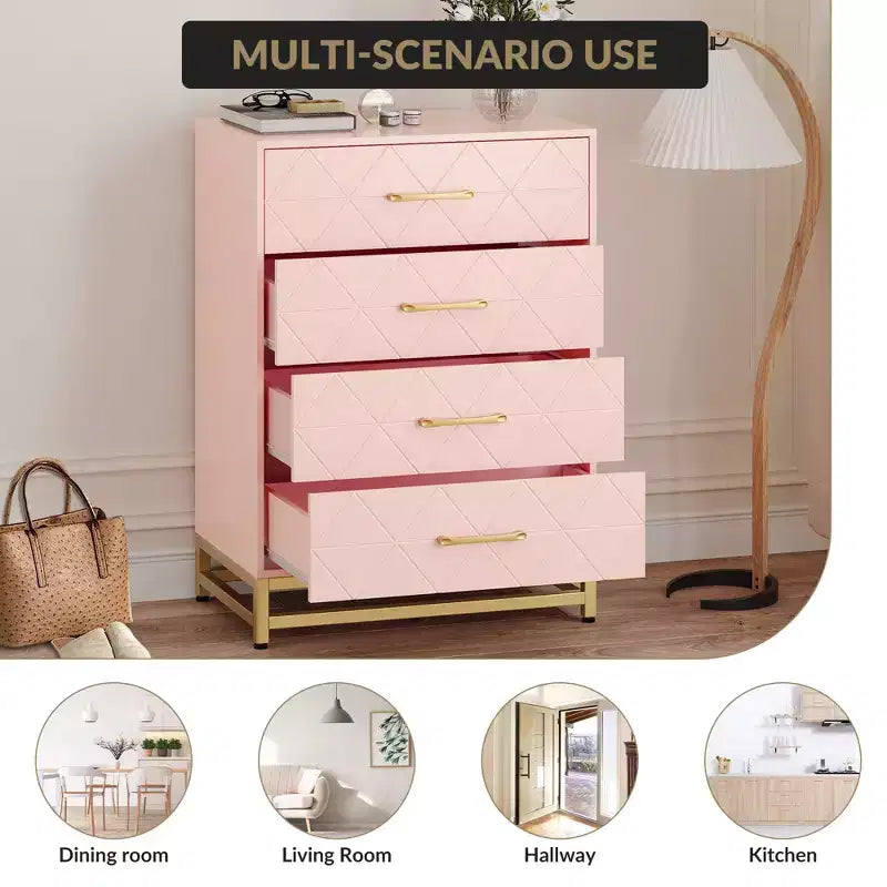 Moderne Kommode mit 4 Schubladen aus MDF, 61×40×92 cm – Rosa / Weiß