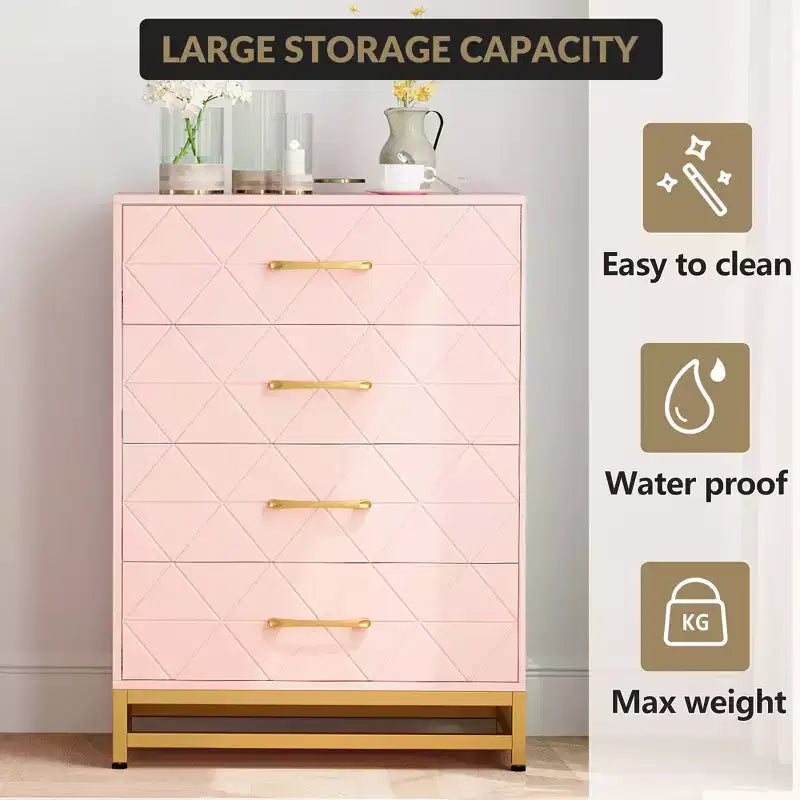 Moderne Kommode mit 4 Schubladen aus MDF, 61×40×92 cm – Rosa / Weiß