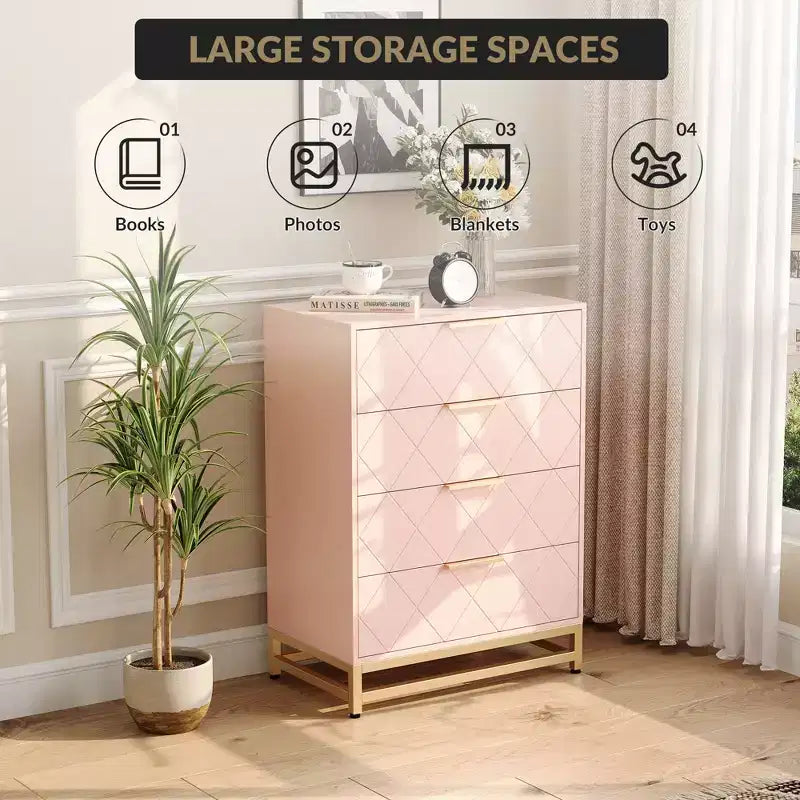 Moderne Kommode mit 4 Schubladen aus MDF, 61×40×92 cm – Rosa / Weiß