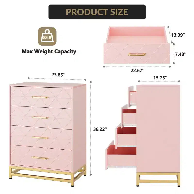 Moderne Kommode mit 4 Schubladen aus MDF, 61×40×92 cm – Rosa / Weiß