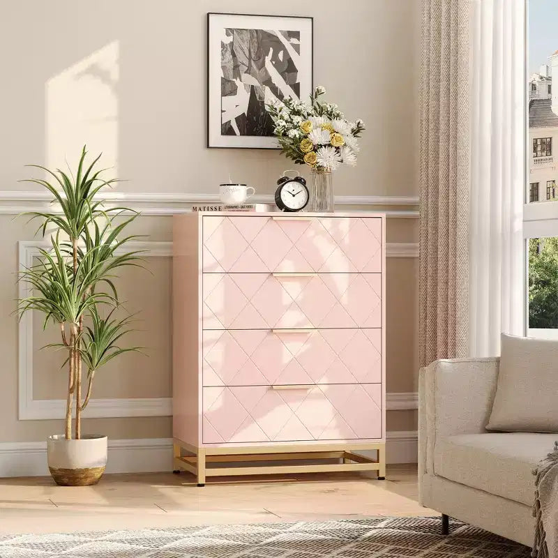 Moderne Kommode mit 4 Schubladen aus MDF, 61×40×92 cm – Rosa / Weiß
