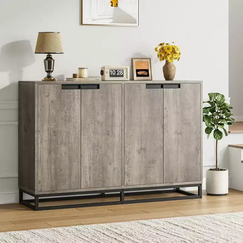 Moderne Kommode mit 4 Türen aus Holz mit verstellbaren Einlegeböden – Grau / Braun