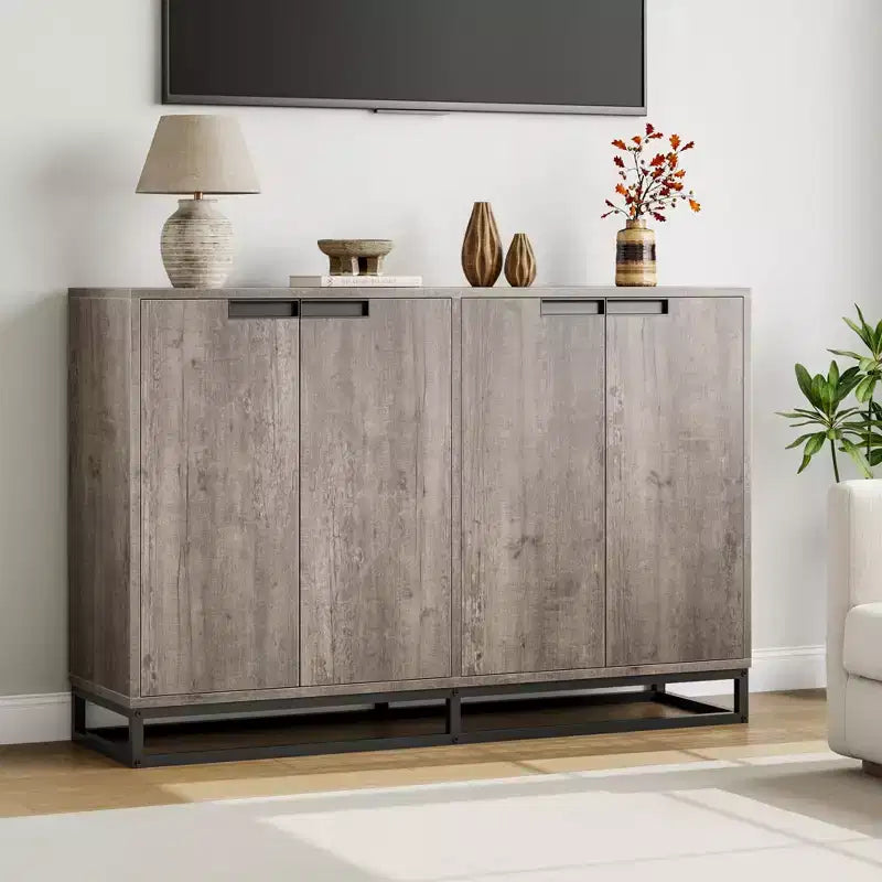 Moderne Kommode mit 4 Türen aus Holz mit verstellbaren Einlegeböden – Grau / Braun