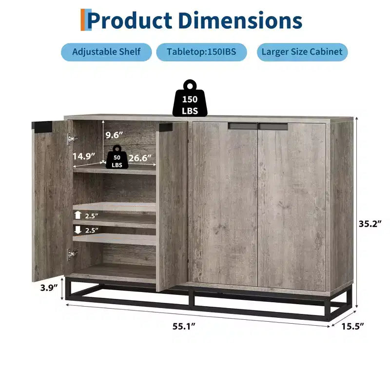 Moderne Kommode mit 4 Türen aus Holz mit verstellbaren Einlegeböden – Grau / Braun