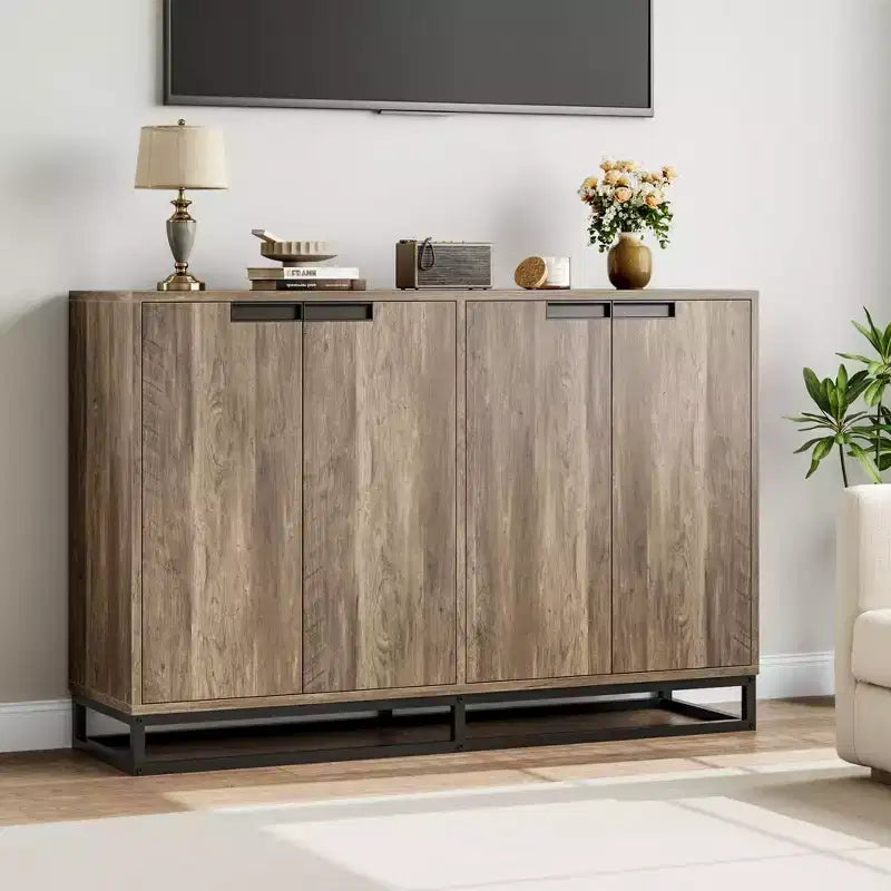 Moderne Kommode mit 4 Türen aus Holz mit verstellbaren Einlegeböden – Grau / Braun