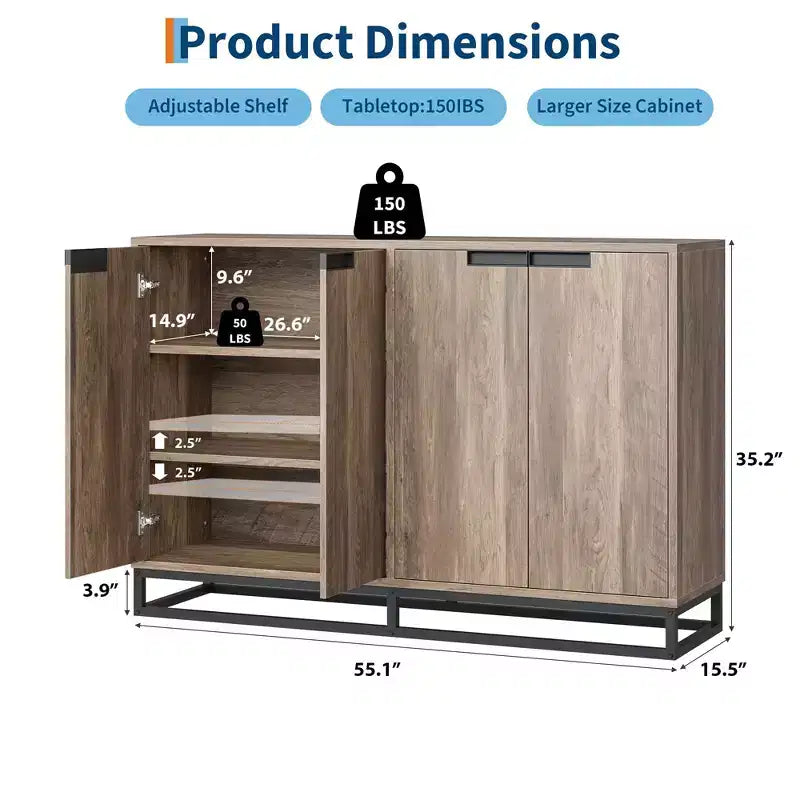 Moderne Kommode mit 4 Türen aus Holz mit verstellbaren Einlegeböden – Grau / Braun
