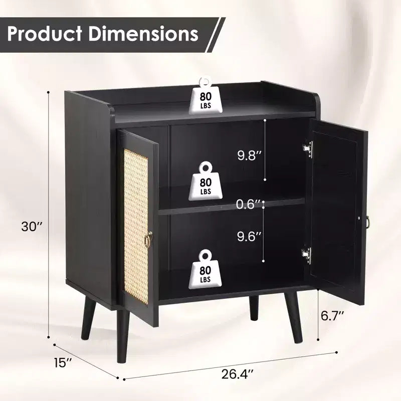 Schwarzes Sideboard mit Rattan-Türen, MDF, 76×67×38 cm – für Ess- und Wohnzimmer
