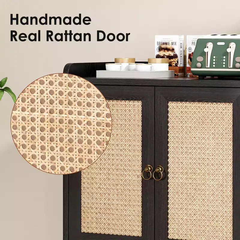 Schwarzes Sideboard mit Rattan-Türen, MDF, 76×67×38 cm – für Ess- und Wohnzimmer