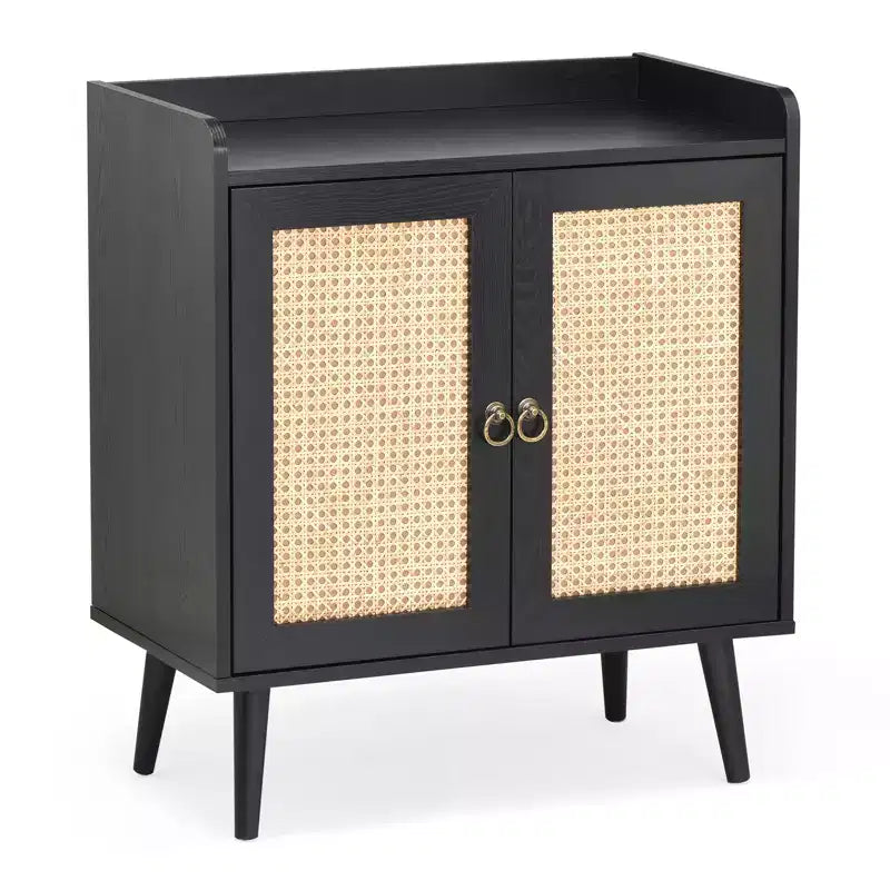 Schwarzes Sideboard mit Rattan-Türen, MDF, 76×67×38 cm – für Ess- und Wohnzimmer