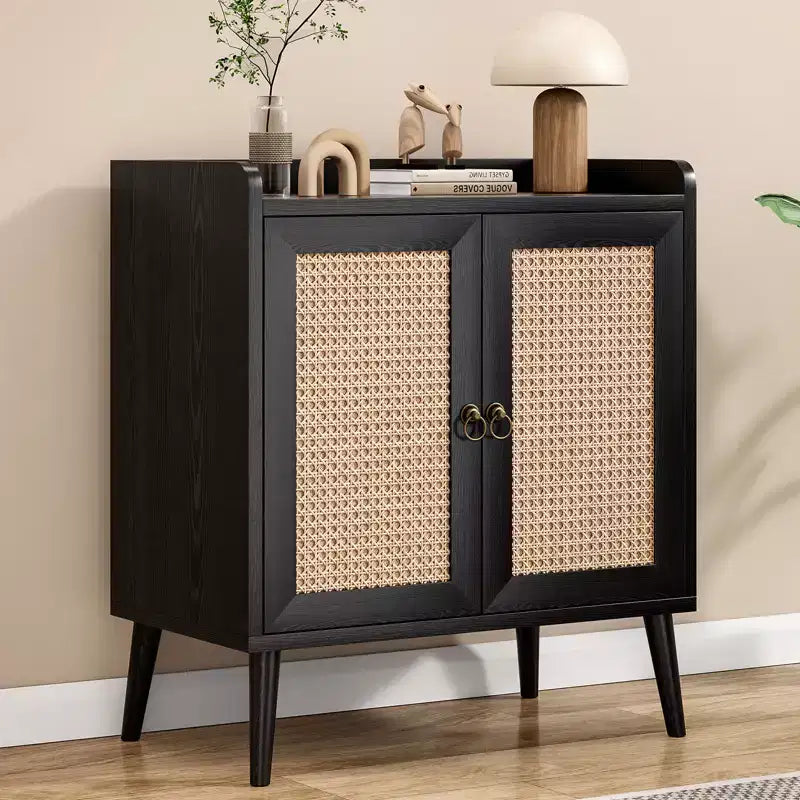 Schwarzes Sideboard mit Rattan-Türen, MDF, 76×67×38 cm – für Ess- und Wohnzimmer