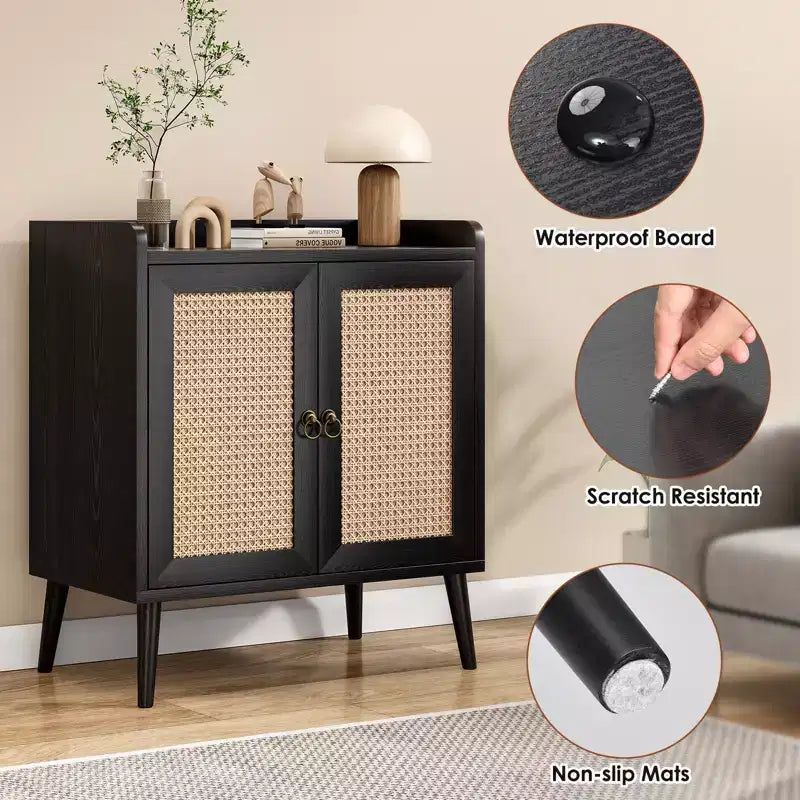 Schwarzes Sideboard mit Rattan-Türen, MDF, 76×67×38 cm – für Ess- und Wohnzimmer