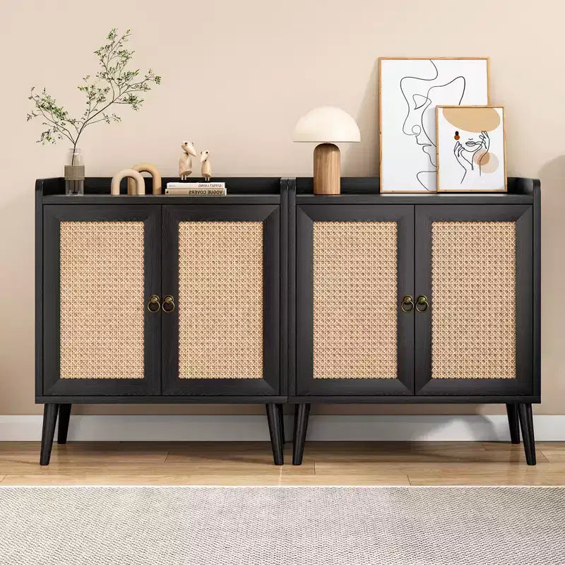 Schwarzes Sideboard mit Rattan-Türen, MDF, 76×67×38 cm – für Ess- und Wohnzimmer