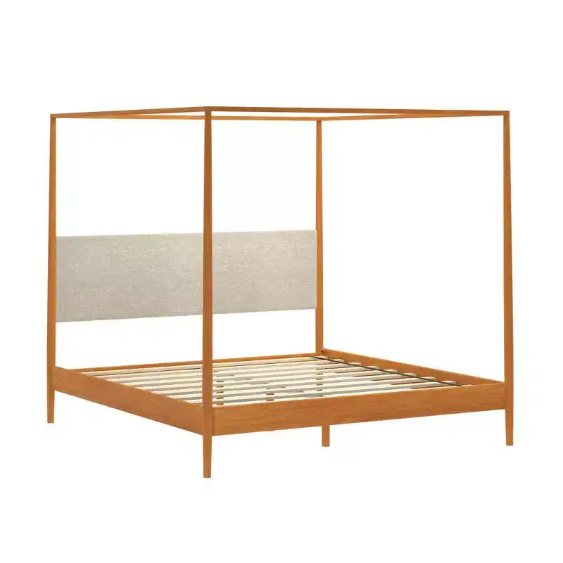 Himmelbett King aus Kiefernholz mit gepolstertem Kopfteil – Hellbraun / Schweizer Kaffee