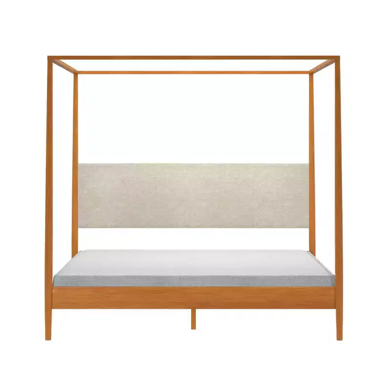Himmelbett King aus Kiefernholz mit gepolstertem Kopfteil – Hellbraun / Schweizer Kaffee