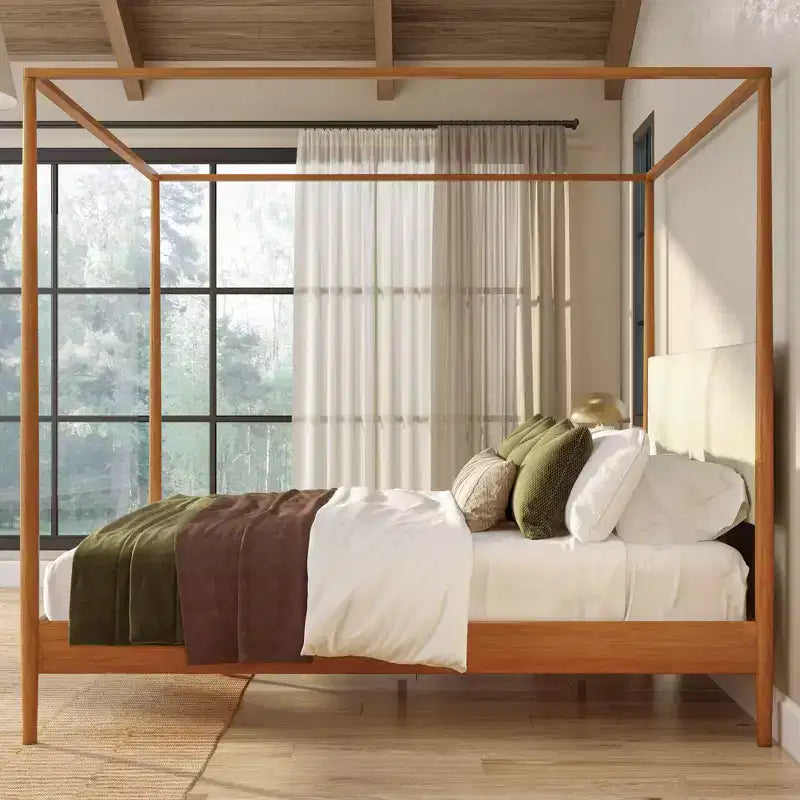 Himmelbett King aus Kiefernholz mit gepolstertem Kopfteil – Hellbraun / Schweizer Kaffee