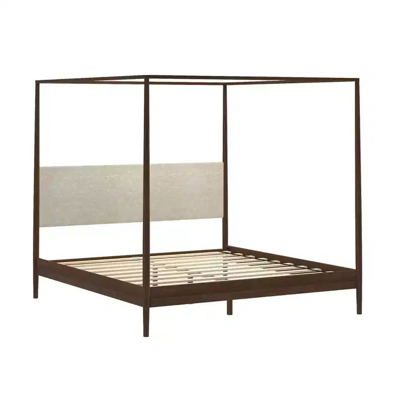 Himmelbett King aus Kiefernholz mit gepolstertem Kopfteil – Hellbraun / Schweizer Kaffee