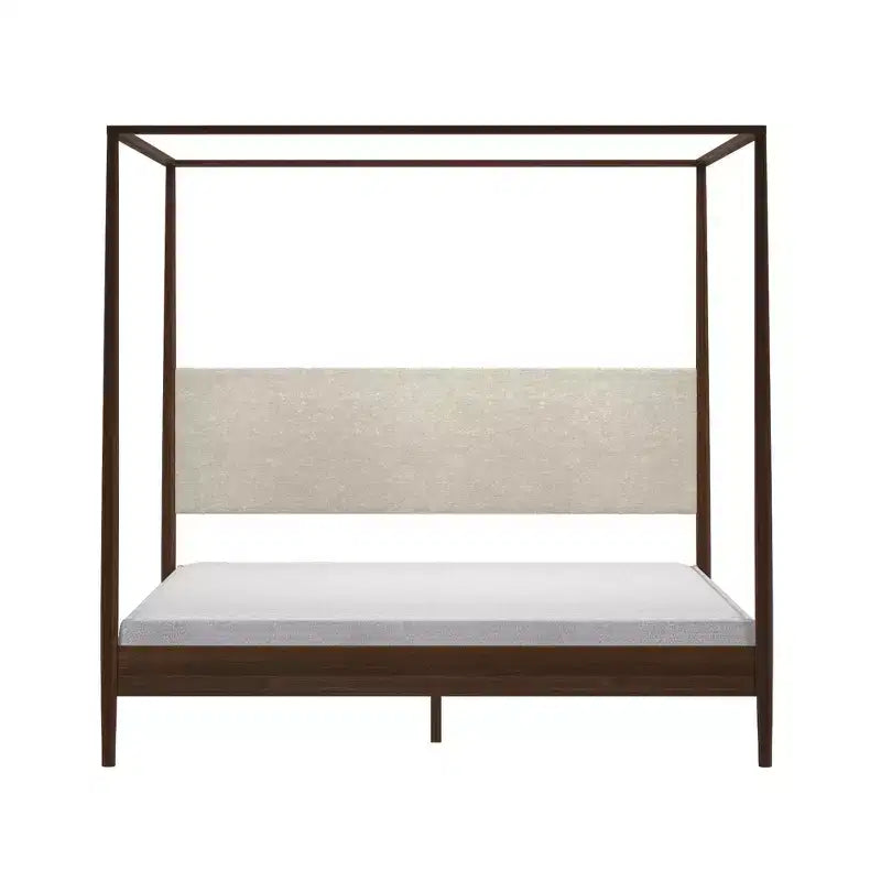 Himmelbett King aus Kiefernholz mit gepolstertem Kopfteil – Hellbraun / Schweizer Kaffee