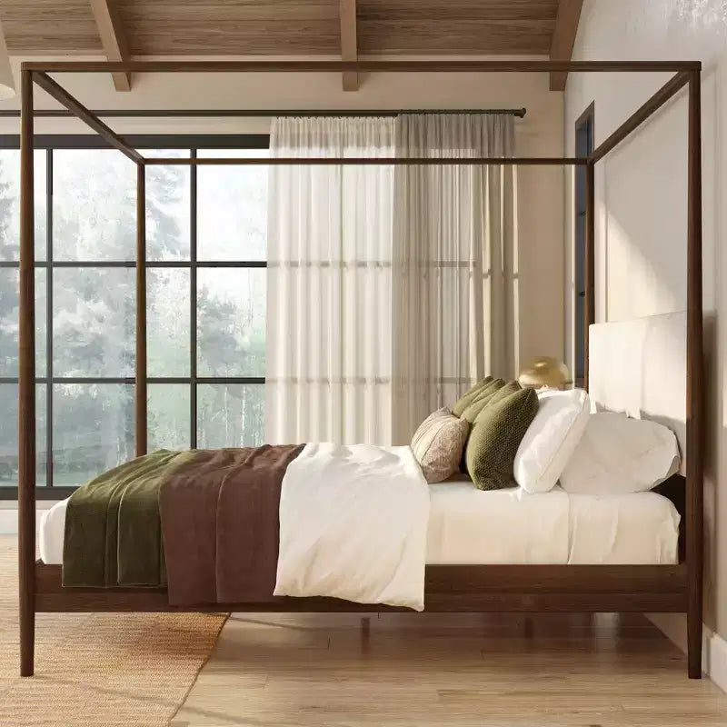 Himmelbett King aus Kiefernholz mit gepolstertem Kopfteil – Hellbraun / Schweizer Kaffee