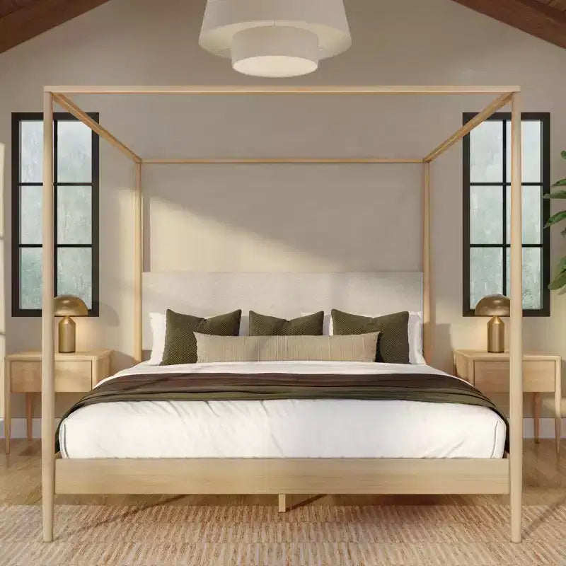 Himmelbett King aus Kiefernholz mit gepolstertem Kopfteil – Hellbraun / Schweizer Kaffee
