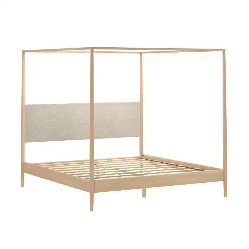 Himmelbett King aus Kiefernholz mit gepolstertem Kopfteil – Hellbraun / Schweizer Kaffee