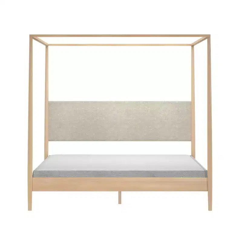 Himmelbett King aus Kiefernholz mit gepolstertem Kopfteil – Hellbraun / Schweizer Kaffee