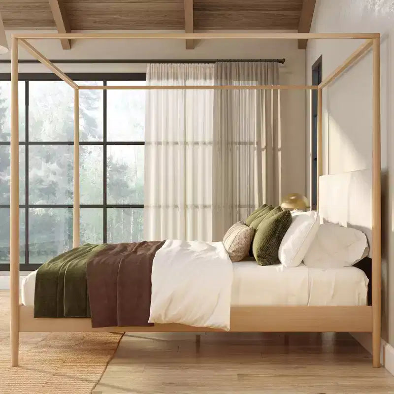 Himmelbett King aus Kiefernholz mit gepolstertem Kopfteil – Hellbraun / Schweizer Kaffee