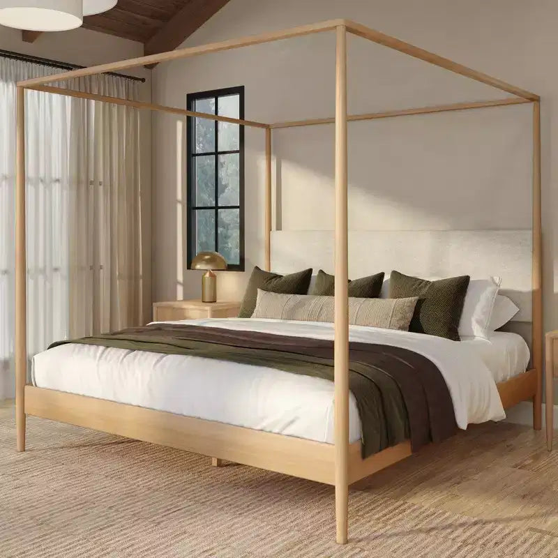 Himmelbett King aus Kiefernholz mit gepolstertem Kopfteil – Hellbraun / Schweizer Kaffee