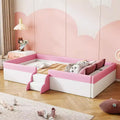 Twin/King Upholstered Daybed Frame with Fence and Stairs, Montessori Kids Floor Bed with Sturdy Slat Support, Pink+White