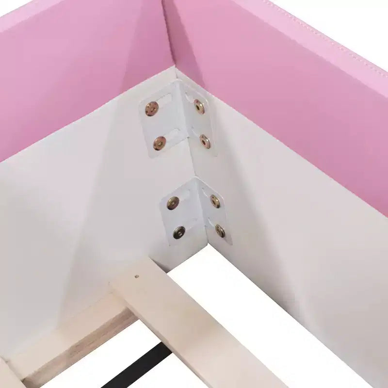Padded Floor Bed in Faux Leather with Railing and Ladder – Pink/White, Single / King