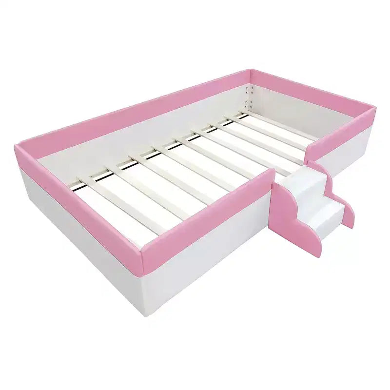 Padded Floor Bed in Faux Leather with Railing and Ladder – Pink/White, Single / King