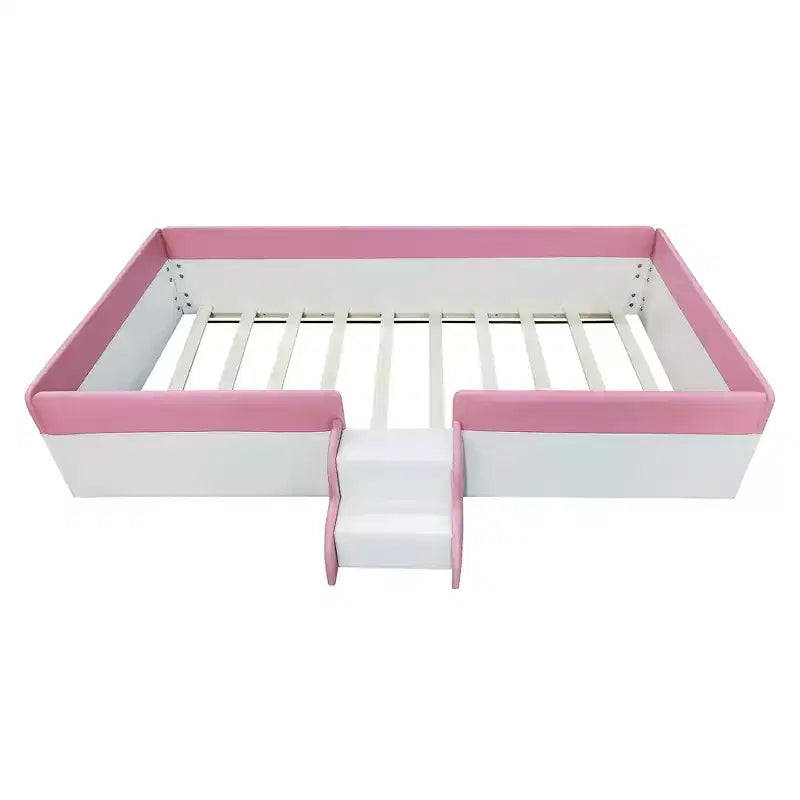 Padded Floor Bed in Faux Leather with Railing and Ladder – Pink/White, Single / King