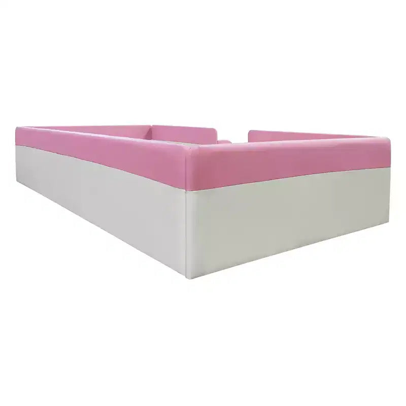 Padded Floor Bed in Faux Leather with Railing and Ladder – Pink/White, Single / King