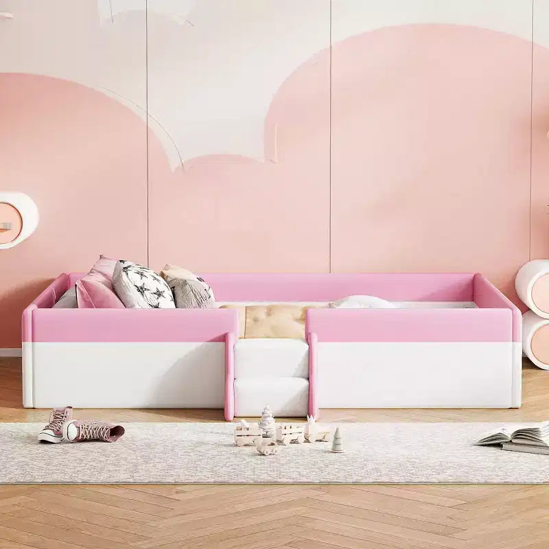 Padded Floor Bed in Faux Leather with Railing and Ladder – Pink/White, Single / King