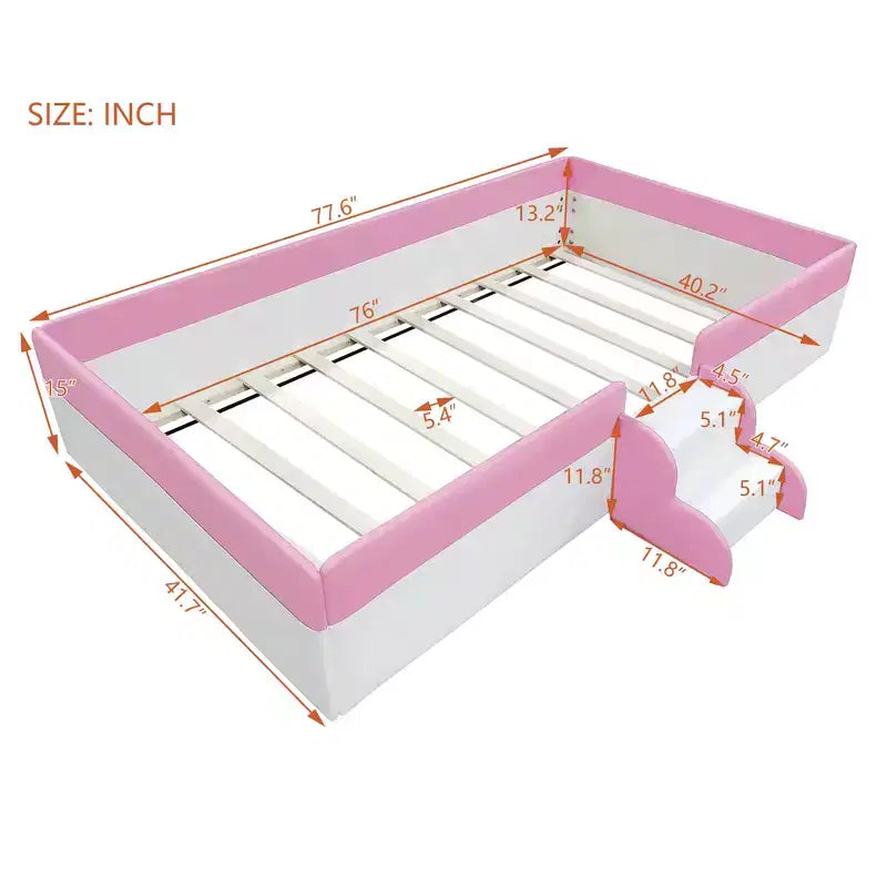 Padded Floor Bed in Faux Leather with Railing and Ladder – Pink/White, Single / King