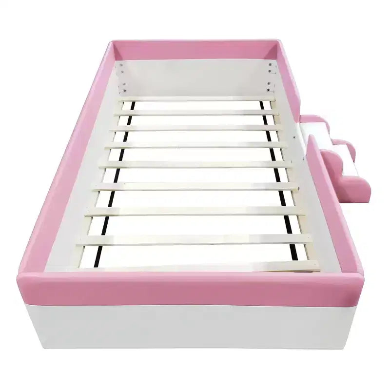 Padded Floor Bed in Faux Leather with Railing and Ladder – Pink/White, Single / King