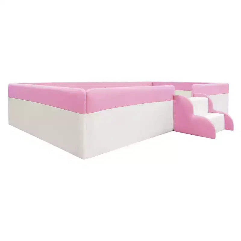 Padded Floor Bed in Faux Leather with Railing and Ladder – Pink/White, Single / King
