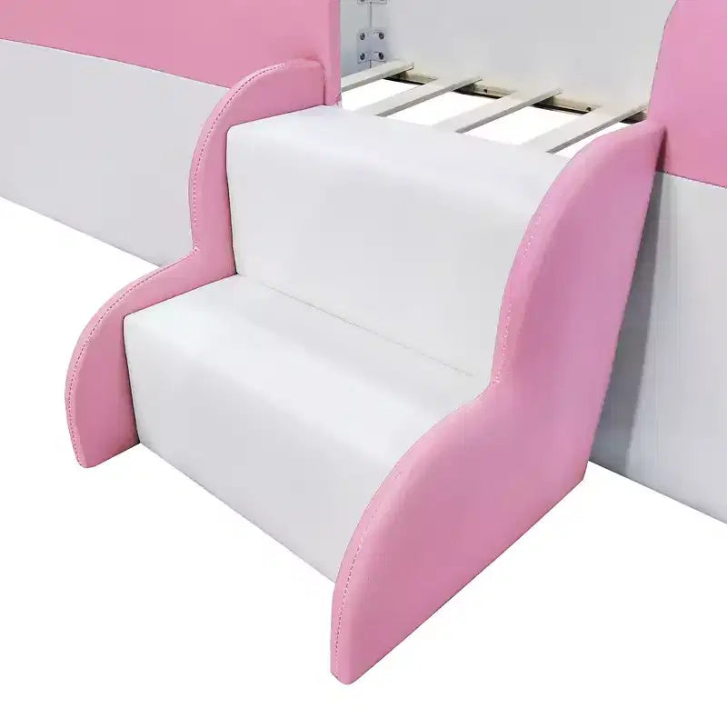 Padded Floor Bed in Faux Leather with Railing and Ladder – Pink/White, Single / King