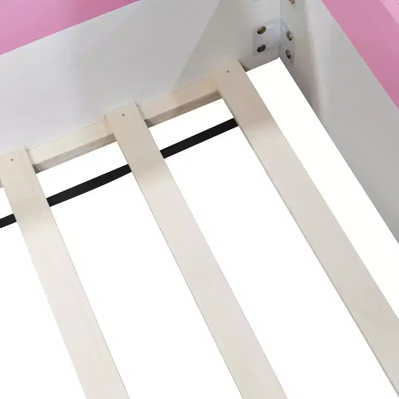 Padded Floor Bed in Faux Leather with Railing and Ladder – Pink/White, Single / King