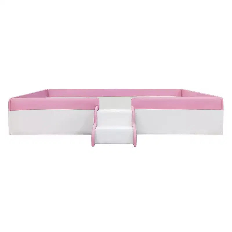 Padded Floor Bed in Faux Leather with Railing and Ladder – Pink/White, Single / King