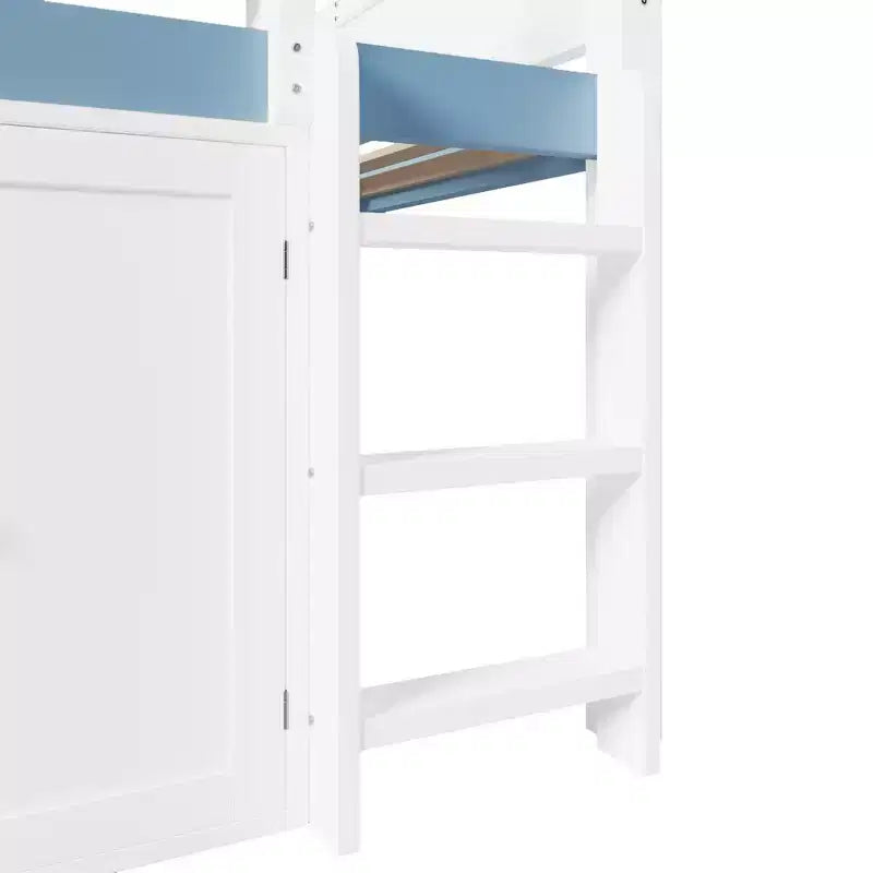 Weißes Kiefernholz-Hochbett mit Spitzdach und Schrank – Weiß/Blau oder Weiß/Grün